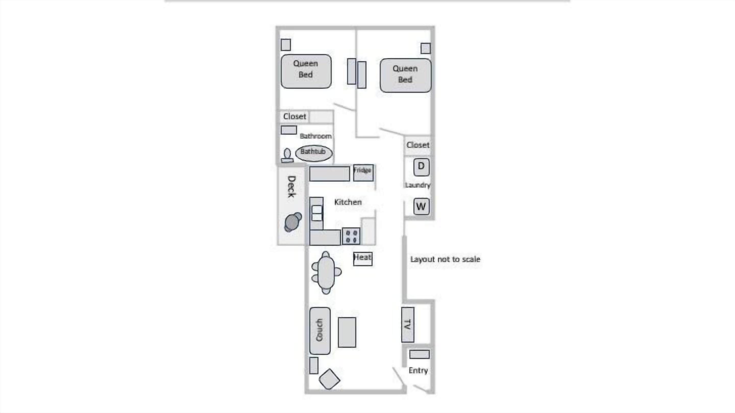 A floor plan with two queen beds, a bathroom, a kitchen, a living area with a couch, and an entry point.