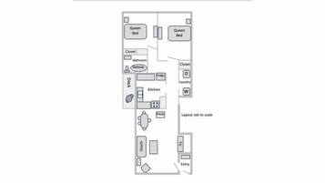 A floor plan with two queen beds, a bathroom, a kitchen, a living area with a couch, and an entry point.