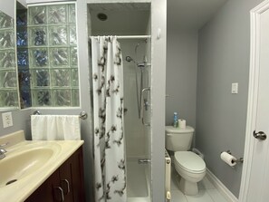 Dusche, Haartrockner, Handtücher, Seife