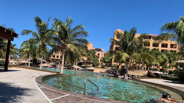 Ein Swimmingpool, umgeben von Palmen und Liegestühlen, mit einem Gebäude im Hintergrund.