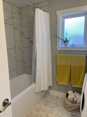 Combined shower/tub, hair dryer, towels, soap