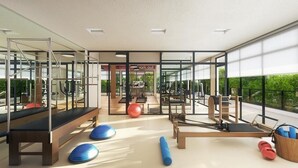 A modern gym with exercise equipment, a yoga mat, and a treadmill. - Kazanoah - Campo Belo (São Paulo)