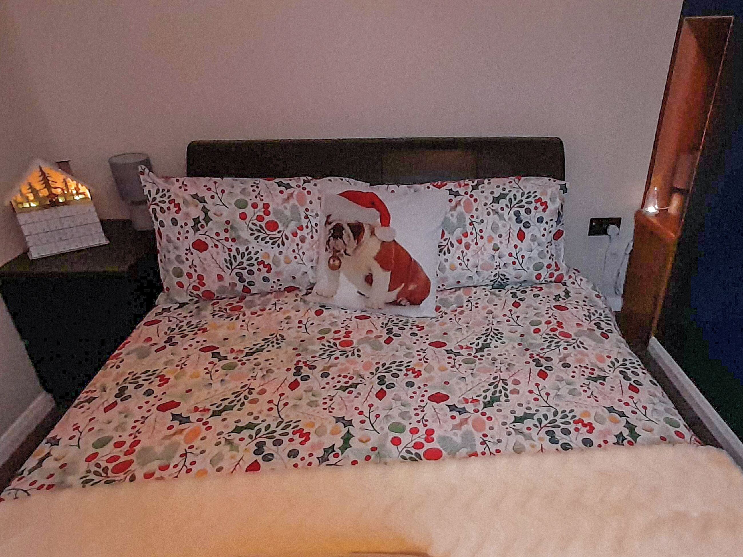 Ein Bett mit festlichem Kopfkissen, ein Nachttisch mit Lampe und ein an der Wand befestigter Lichtschalter.