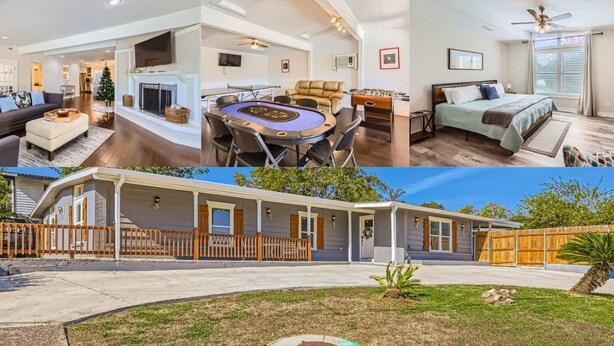 A residential property with a swimming pool, a deck with red chairs, a living room with a foosball table, and a bedroom with a bed and window.