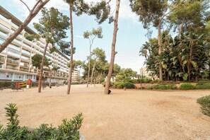 A sandy outdoor area with trees and a playground.