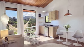 Una cocina moderna con armarios de madera, una cafetera y vistas a un paisaje montañoso.