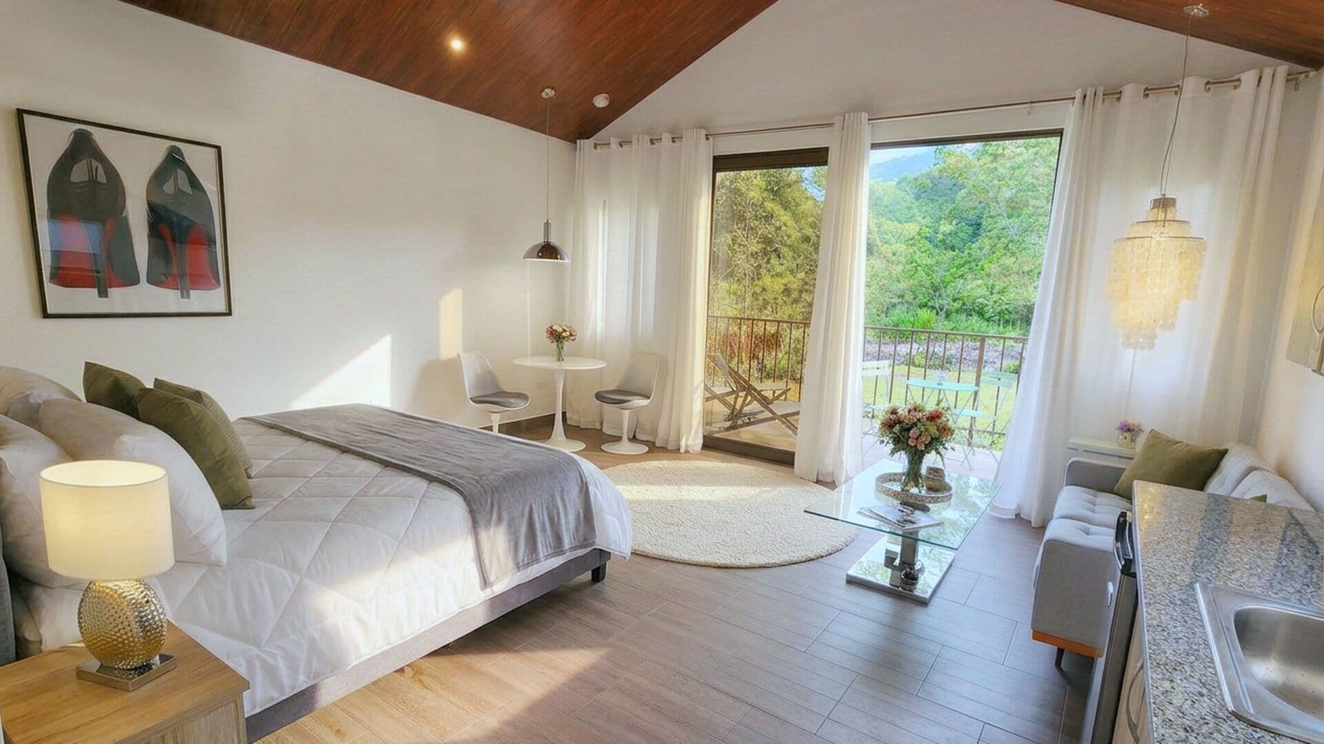 Un dormitorio moderno con cama, mesita de noche y vistas al balcón.