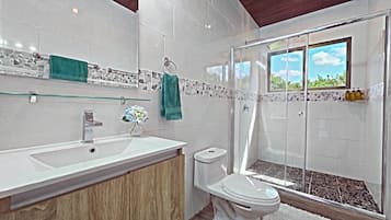 A modern bathroom with a glass shower enclosure, a white sink, and a toilet.