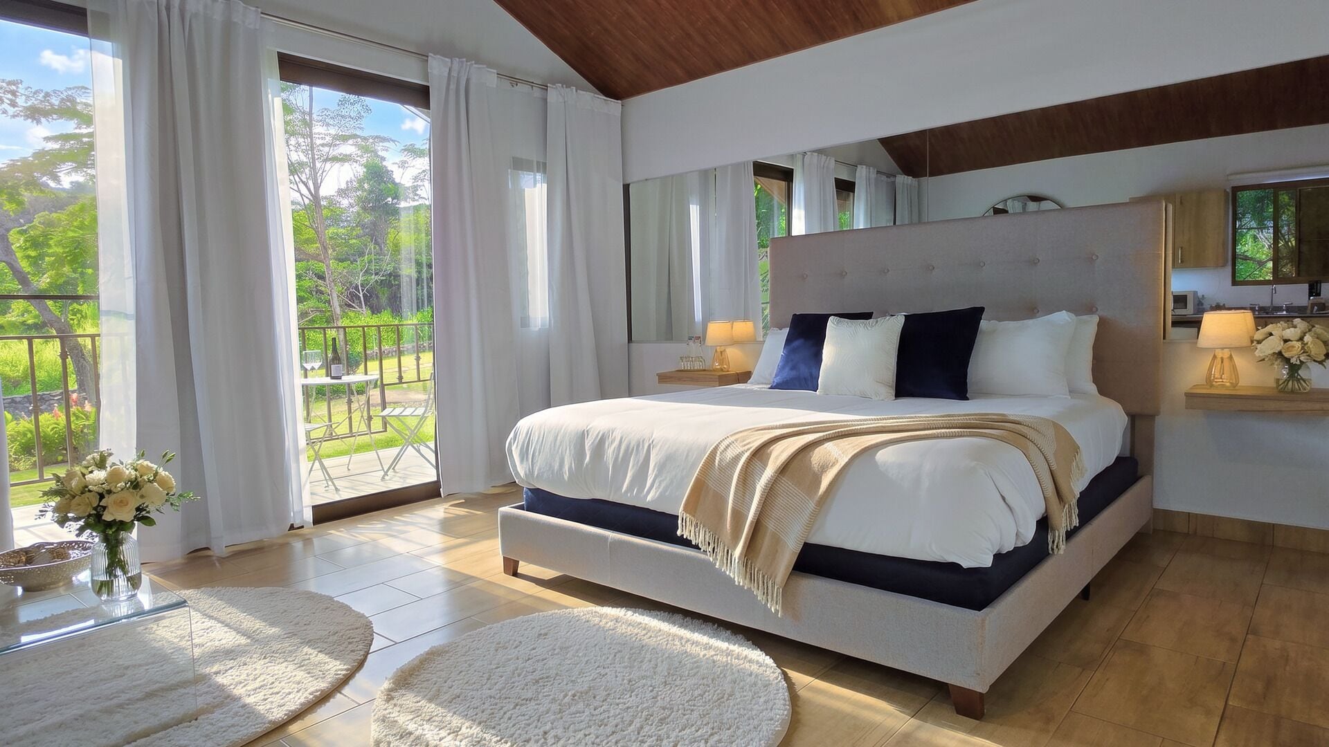 Una camera da letto con un letto grande, un balcone con tende, un soffitto in legno e vista su piante.