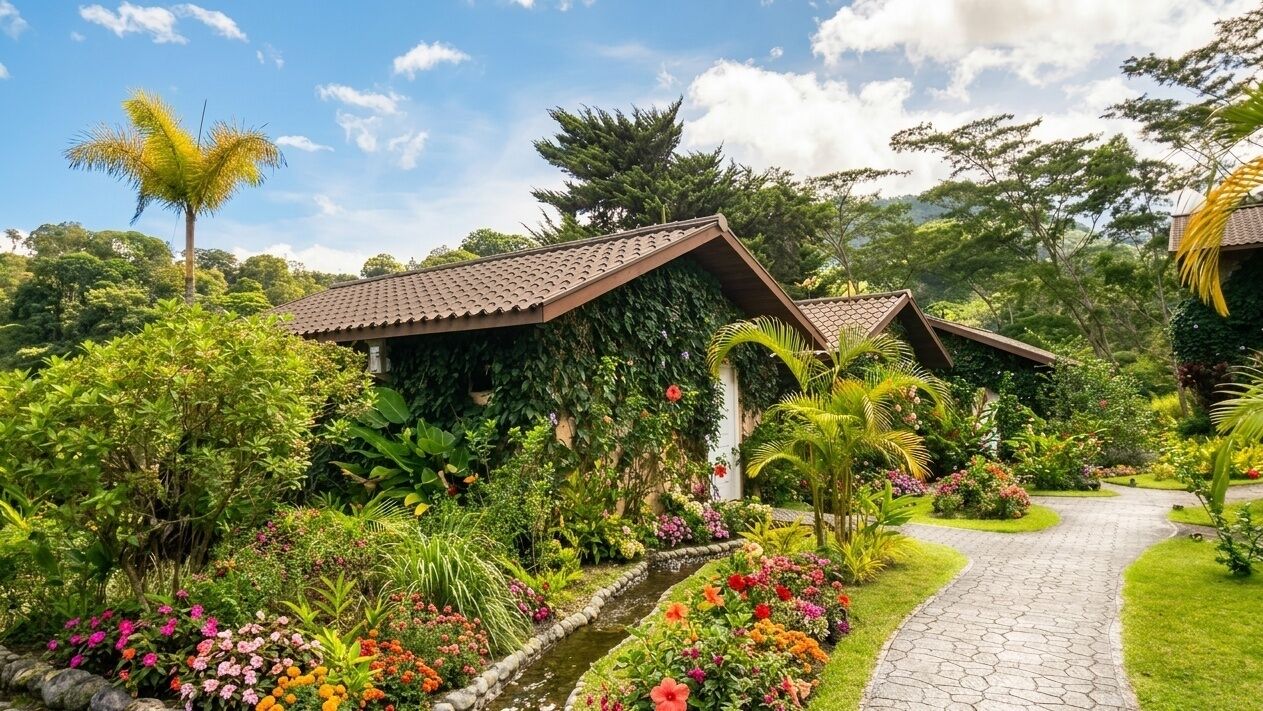 Un jardín tropical con un sendero que lleva a un edificio con techo de tejas.