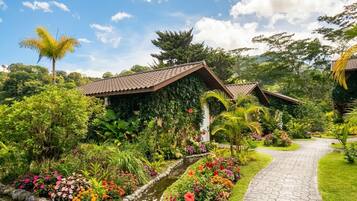Un jardín tropical con un sendero que lleva a un edificio con techo de tejas.