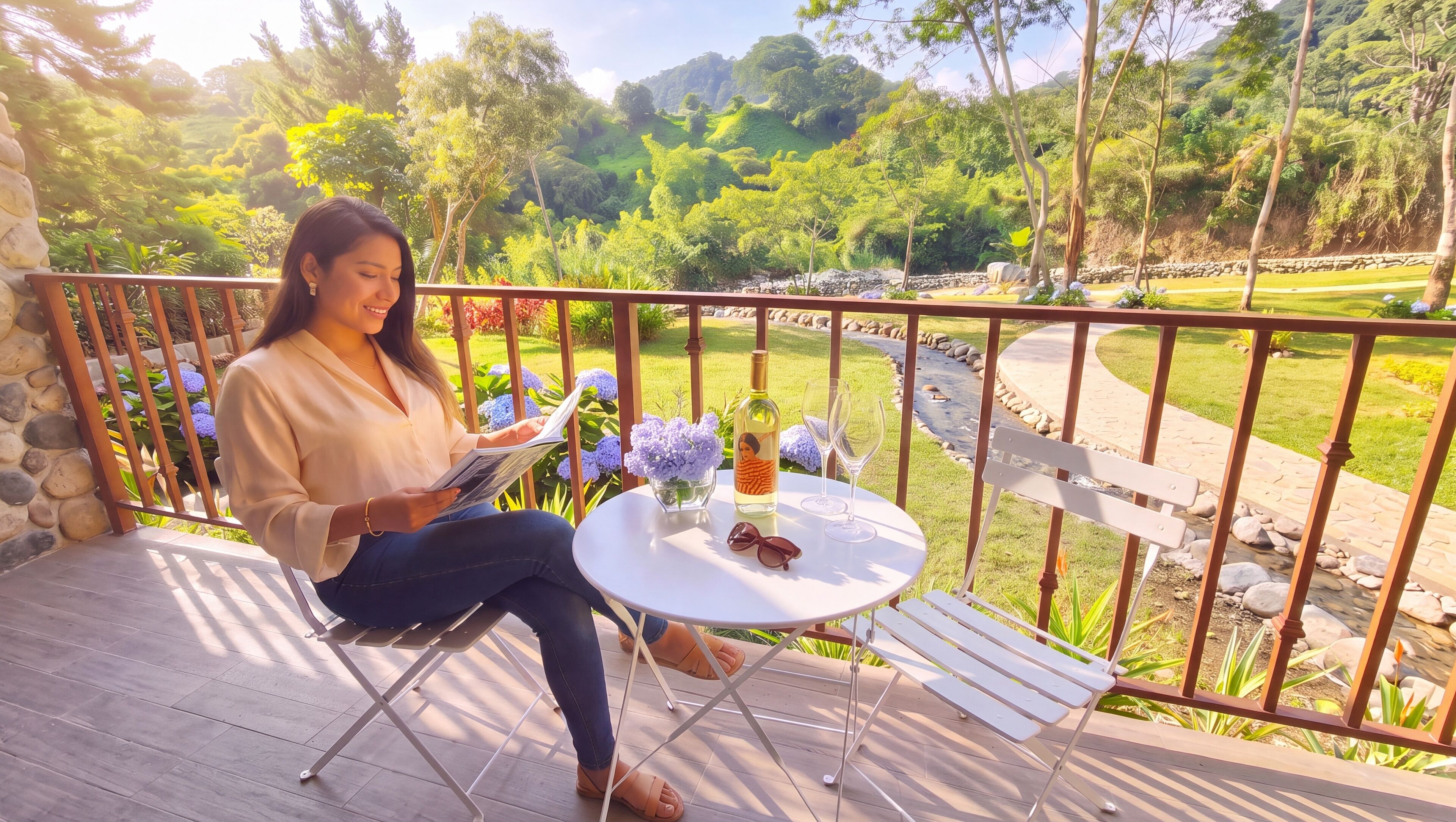 Une personne est assise sur une chaise pliante, sur une terrasse en bois, et lit un livre. On aperçoit une petite table ronde avec une bouteille et un verre, ainsi qu'un vase rempli de fleurs. La terrasse donne sur un jardin aménagé, avec un sentier en pierre et un ruisseau.