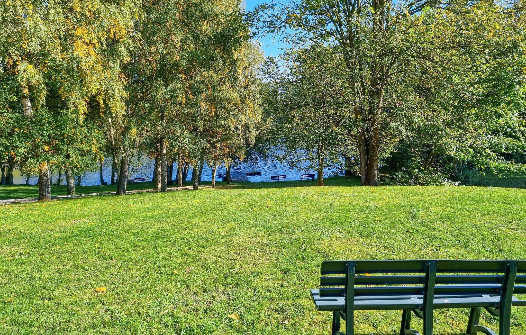 A park with a grassy area, trees, and a bench.
