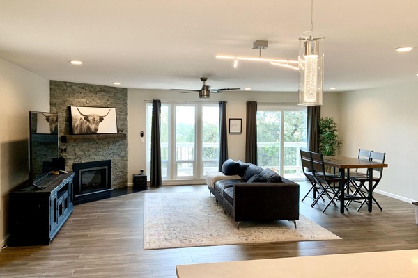 Smart TV, fireplace, DVD player, books