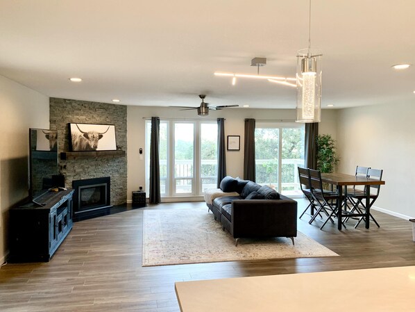 Smart TV, fireplace, DVD player, books