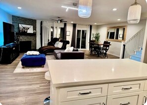 TV connectée, cheminée, lecteur de DVD, livres