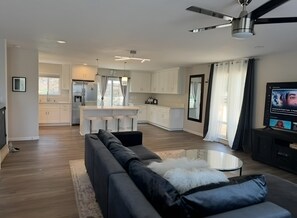 TV connectée, cheminée, lecteur de DVD, livres