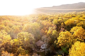 Een chalet omgeven door dicht bos met een helder uitzicht op het omliggende landschap.