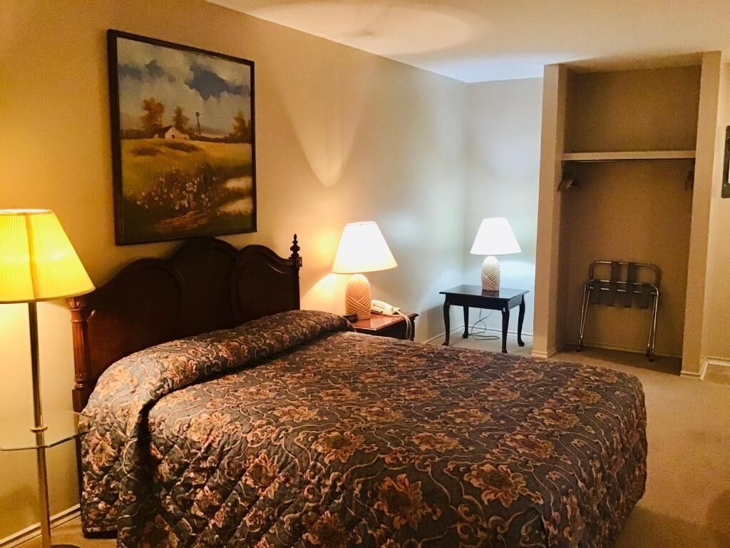 A bedroom with a large bed, two bedside lamps, a painting on the wall, and a closet.