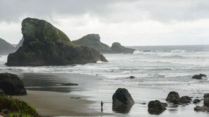 A rocky coastal landscape with large boulders and waves. - River’s End-Best Pacific Ocean and Rogue River Views on 2+Acres with a Hot Tub!  (Gold Beach)