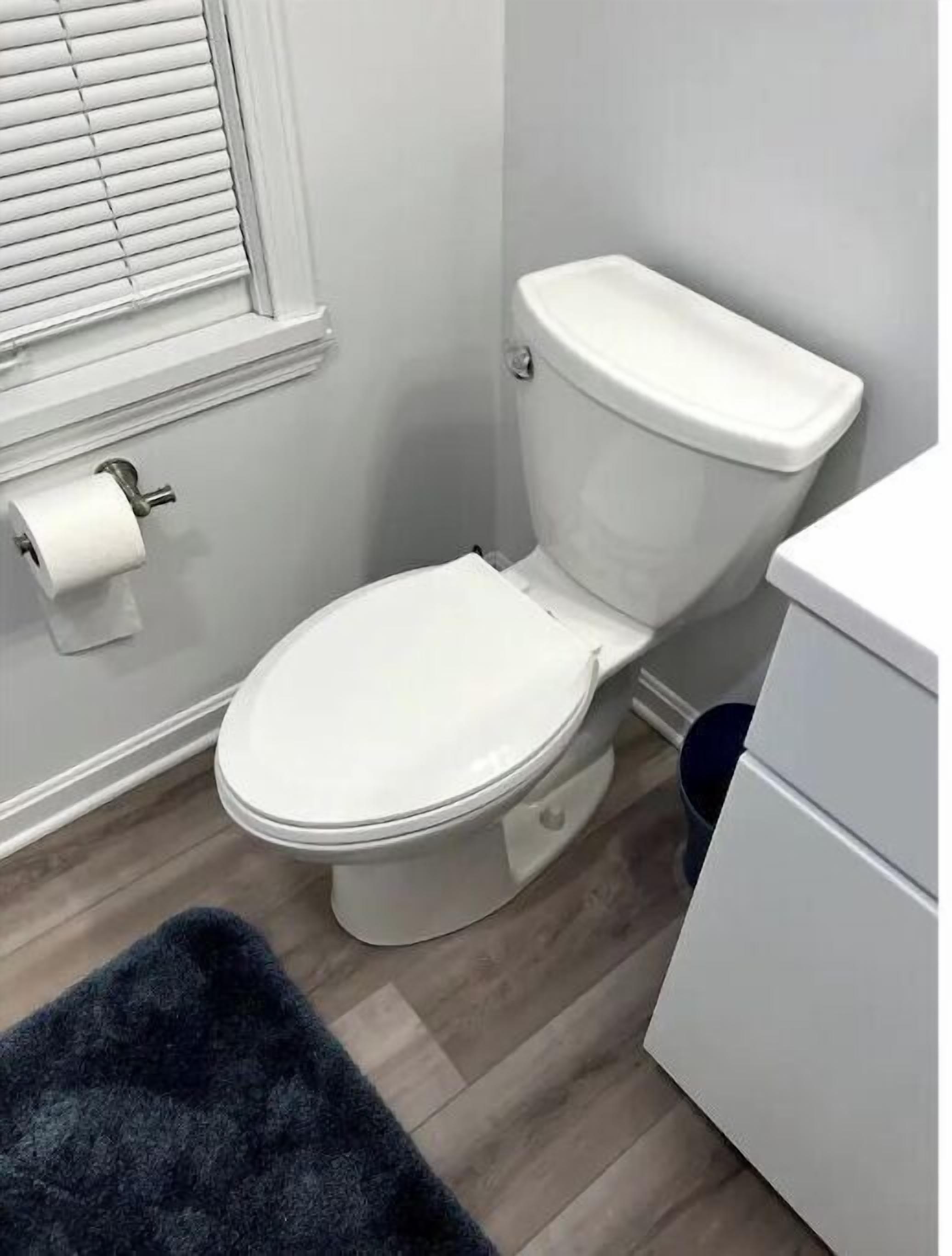 Inodoro blanco con la tapa cerrada, un rollo de papel higiénico y un tapete azul oscuro sobre un suelo de madera.