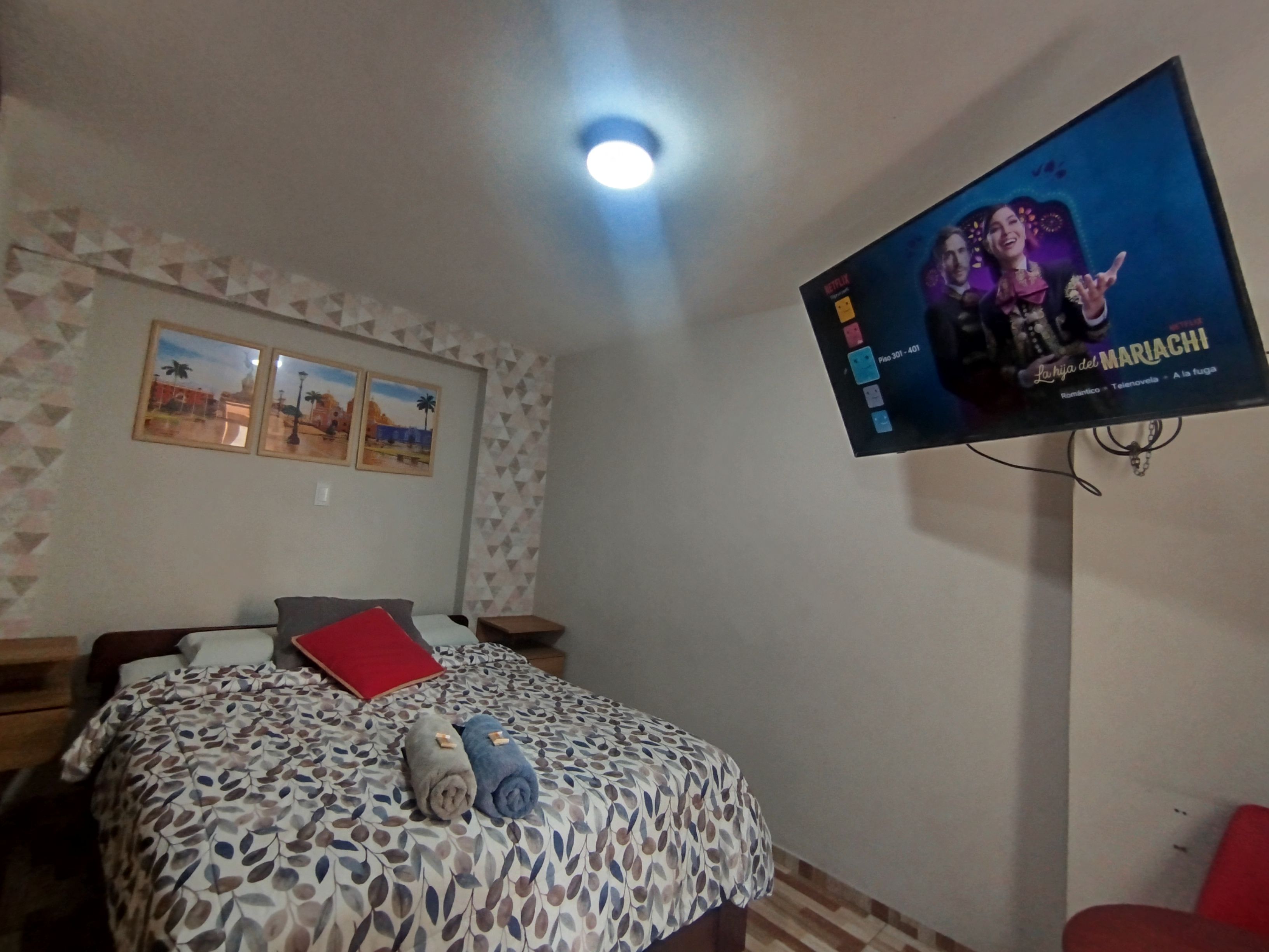 Habitación de hotel con cama, televisor de pantalla plana en la pared y un diseño de pared estampado.
