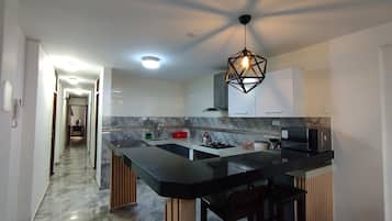 Luxury Apartment | Private kitchen | Full-sized fridge, microwave