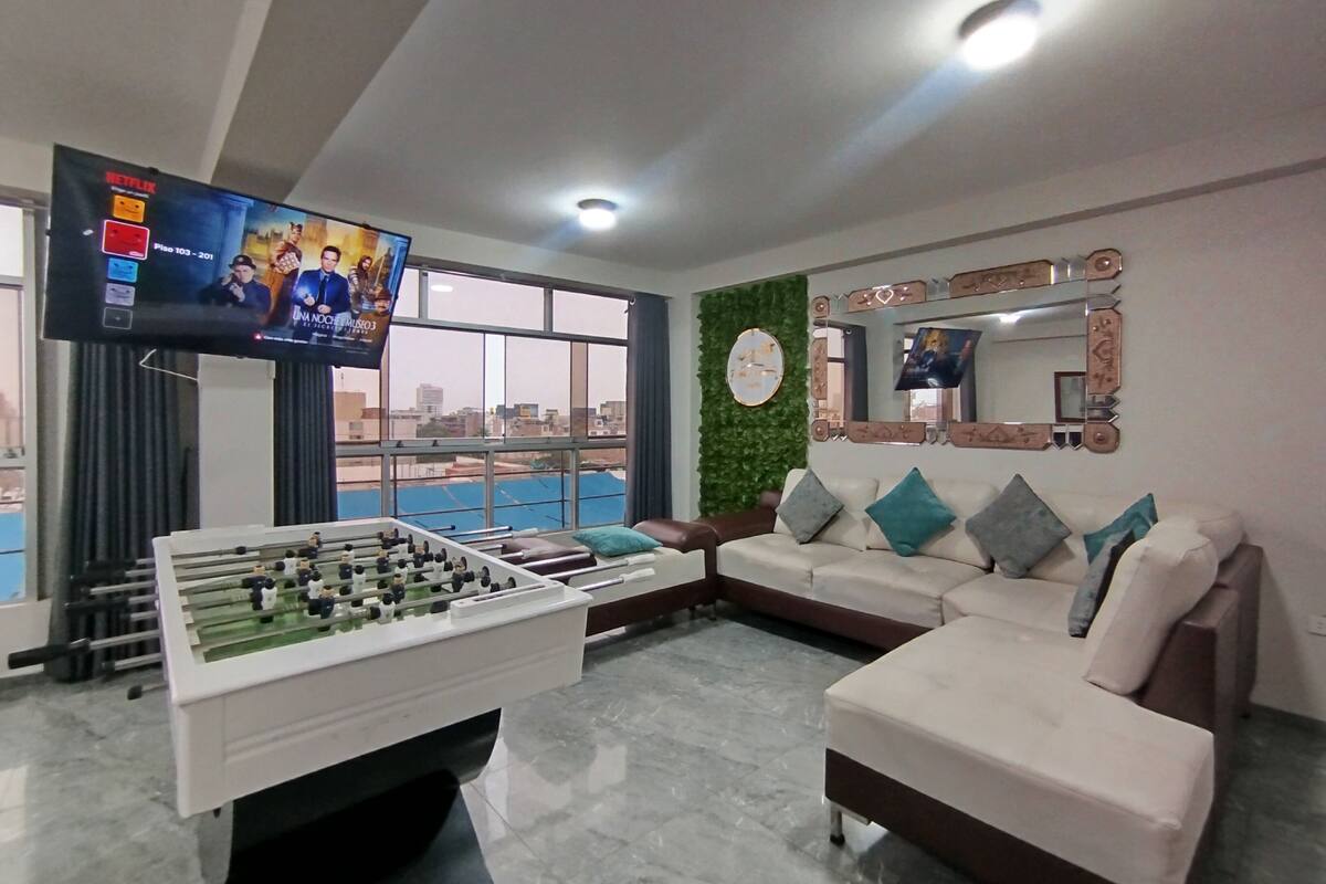 Premium Apartment, 3 Bedrooms, Kitchen, City View | Living area | 55-inch Smart TV with digital channels, Netflix, toys