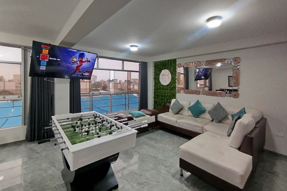 Premium Apartment, 3 Bedrooms, Kitchen, City View | Living area | 55-inch Smart TV with digital channels, Netflix, toys