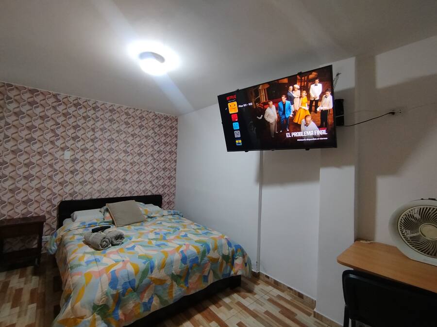 Un dormitorio con cama, televisor montado en la pared, escritorio y ventilador.