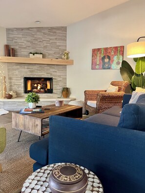 Televisión, chimenea y libros 