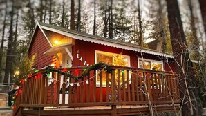 Een chalet met een houten terras, een veranda en een kerstboom.