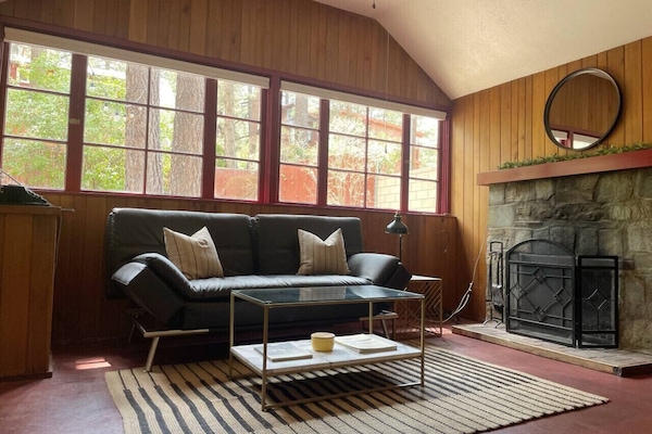 Cozy living room with wood burning fireplace