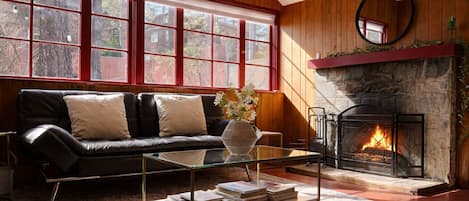 Smart TV, chimenea, libros