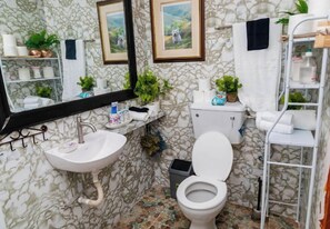 Douche, bidet, serviettes fournies, savon