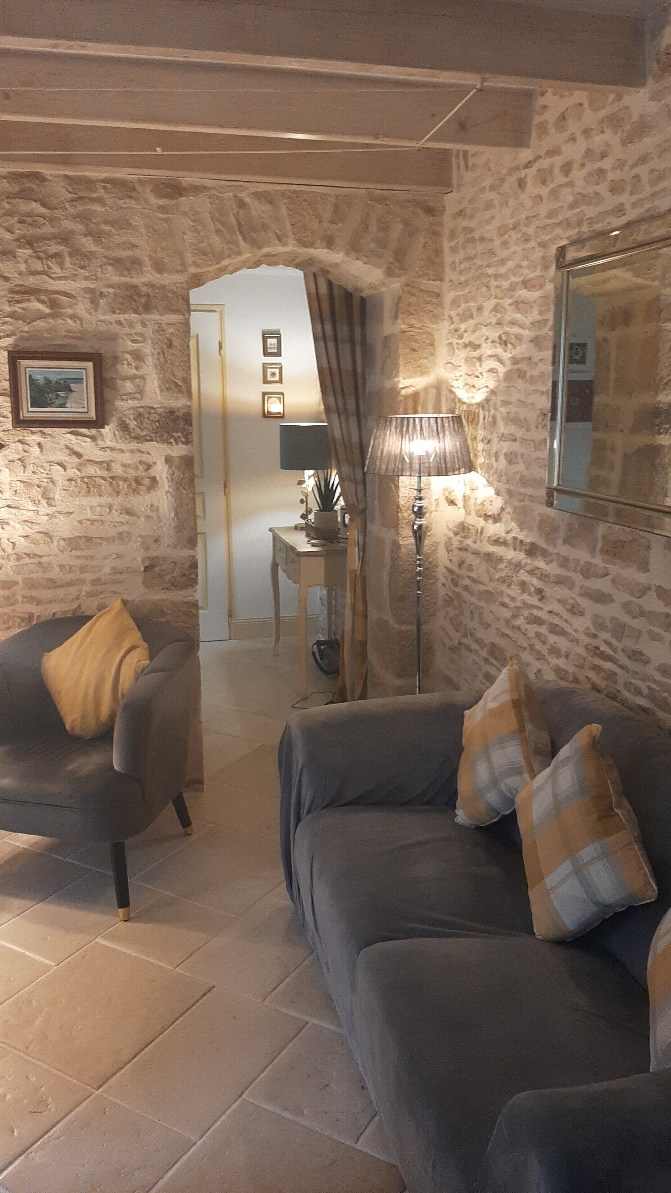 Smart TV, fireplace, books, stereo