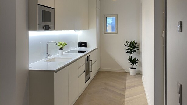 Una cocina moderna con armarios blancos, horno empotrado y microondas. Hay una ventana con vistas al exterior y una planta en maceta en el suelo.