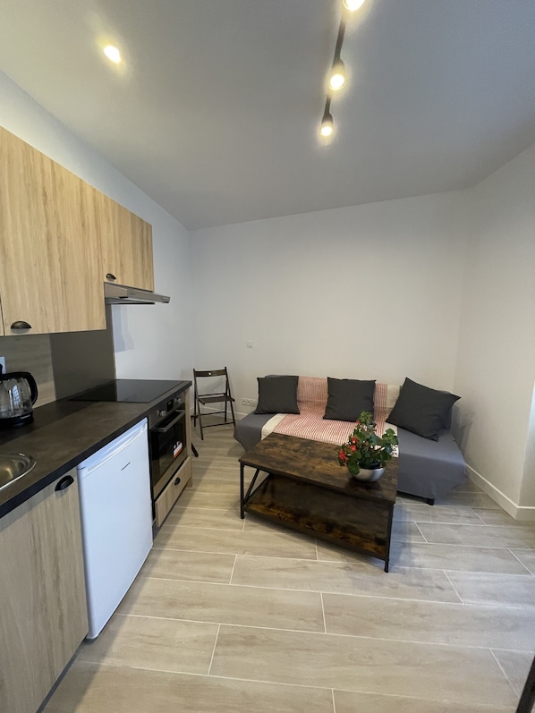 Une cuisine compacte dotée d’appareils électroménagers modernes, un coin repas avec une table basse et un espace détente avec un canapé et des coussins.