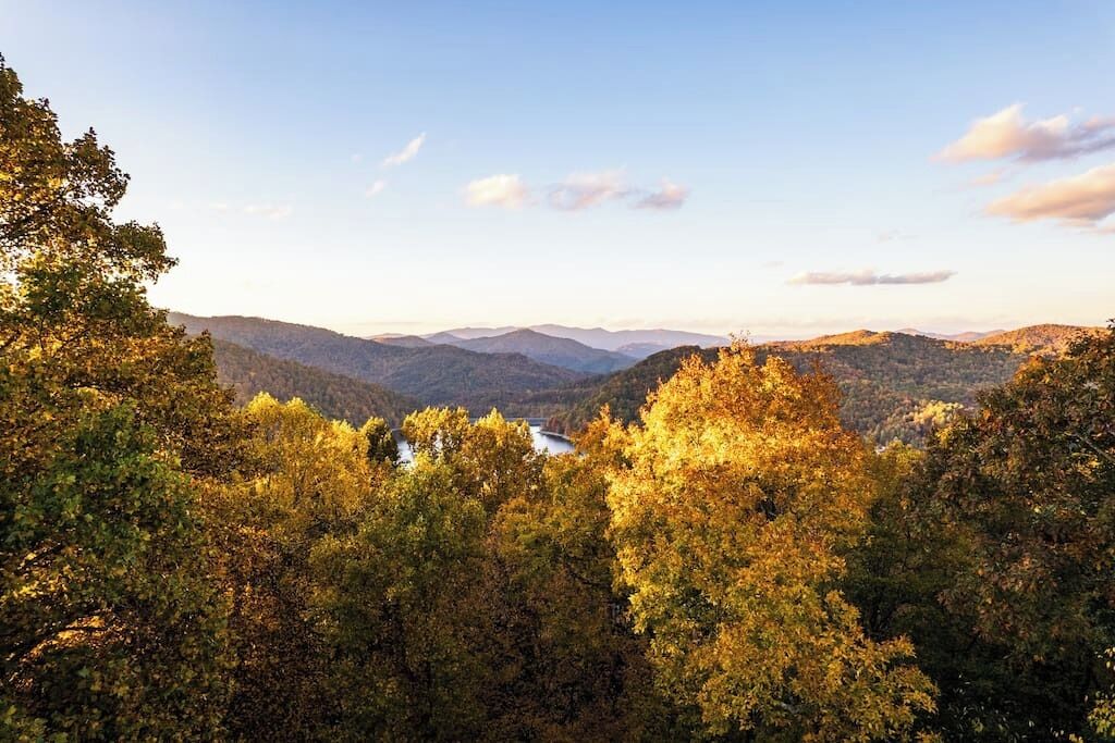 A mountainous landscape with dense forest and a valley.