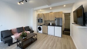 Un apartamento moderno con sala de estar, cocina y comedor.