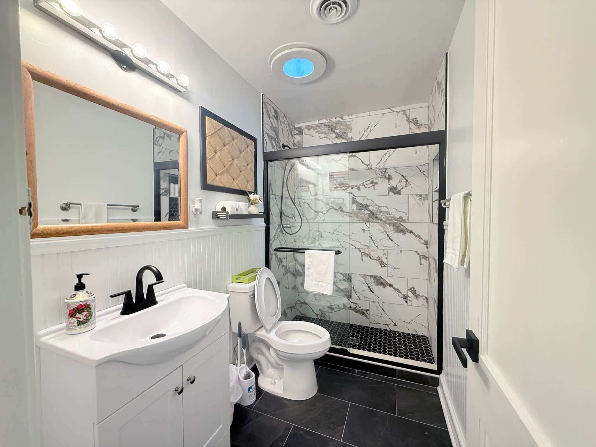 Bathtub, hair dryer, shampoo