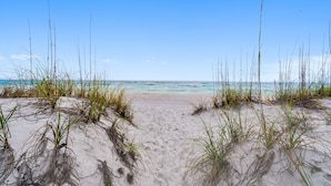 A beach with sand and sparse vegetation.