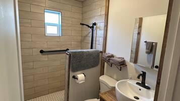 Shower, towels, soap, shampoo