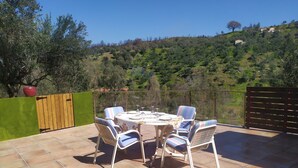 Un patio con una mesa redonda y sillas, rodeado por un muro verde y un portón de madera.
