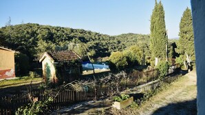 Un paysage rural avec une petite maison, un jardin clôturé et une colline en arrière-plan.
