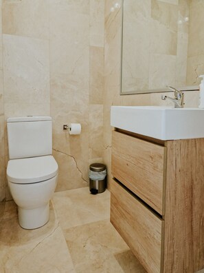 Chuveiro, secador de cabelo, toalhas de banho, sabonete