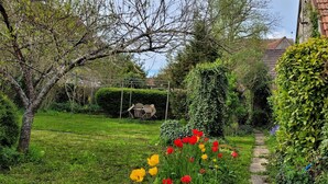 A garden with a pathway, a pergola, and a variety of plants and flowers. - Gîte Grande Capacité in Champagne (Verdon)