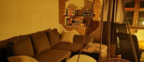 TV connectée, cheminée, livres, chaîne hi-fi