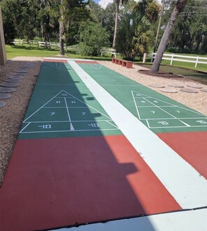 Enjoy a game of shuffleboard on this outdoor court with scoring areas marked by numbers and triangles.
