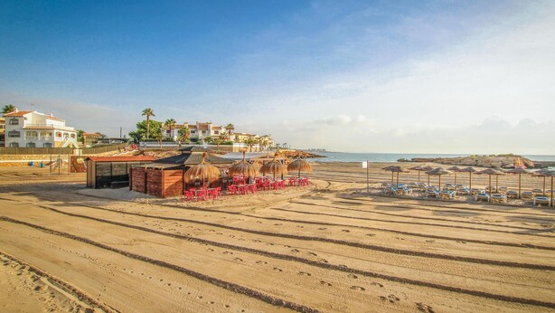 Una playa con filas de tumbonas y sombrillas, una pequeña estructura con sillas rojas, y edificios al fondo.